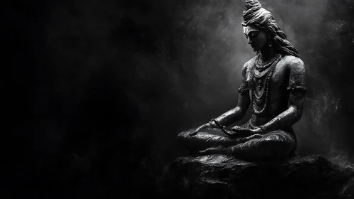 Monochrome meditative deity sculpture in volumetric chiaroscuro.