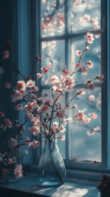 Cherry blossoms backlit by window light in glass vase.