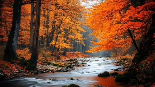 Autumn forest stream with dense deciduous woodland coverage.
