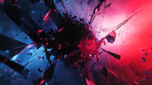 Shattered glass explosion amid neon blue and red light field.