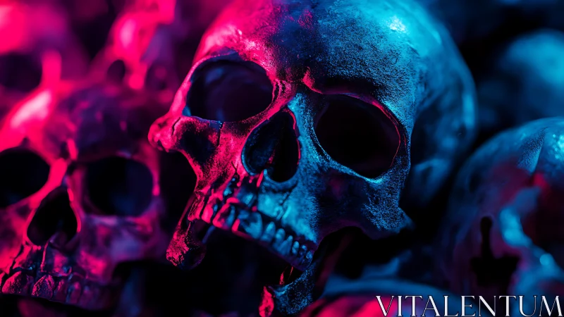 Neon-lit human skulls rendered in dramatic cyan magenta contrast