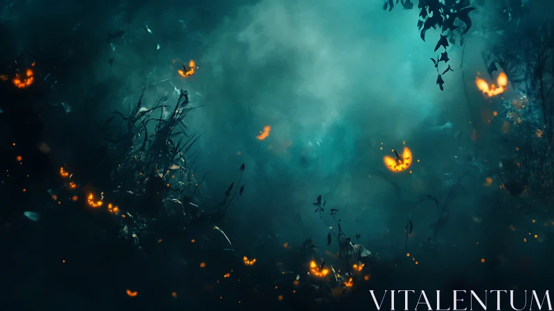 Moonlit pumpkin sprites wandering through a misty forest.