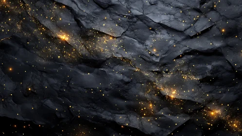 Dark stone surface glows with scattered golden sparks