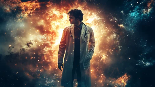 Cosmic physician stands within blazing stellar nebula field.