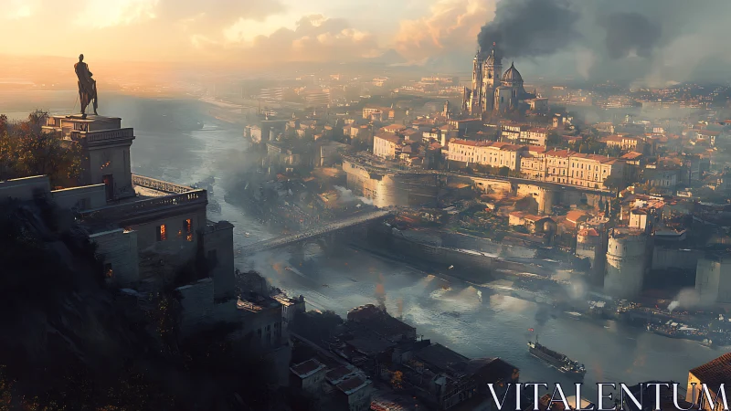 Golden hour over a misty riverside fantasy cityscape.