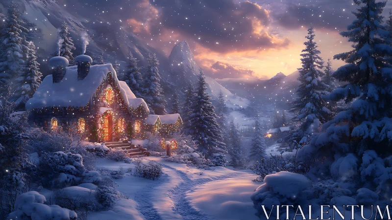 Cozy winter cottage glowing under a soft mountain sunset.