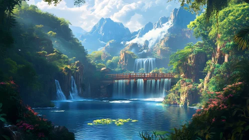 Sunlit wooden bridge spans waterfalls in a tranquil valley.