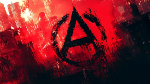 Urban anarchy emblem over red fractured cityscape.