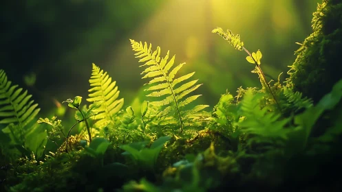 Lush Ferns in Sunlit Forest, Nature Macro Photography Style.