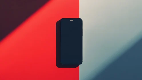 Minimalist smartphone still life on bisected color field.