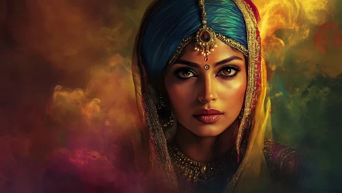 Regal Indian woman emerges amid swirling colorful mist.