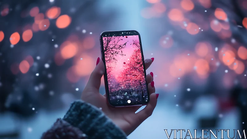 Winter phone portal frames neon-pink snowlit twilight dream.