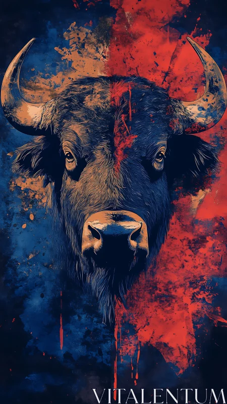 Bison of fire and midnight, split by vivid warpaint.