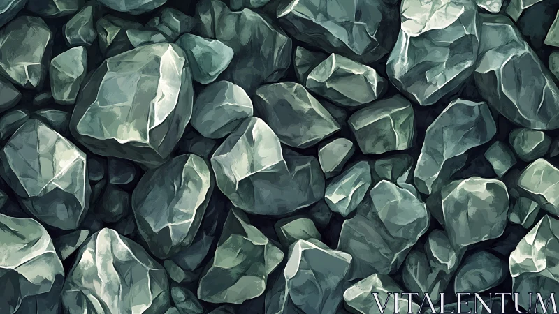 Clustered angular stones in desaturated green palette.