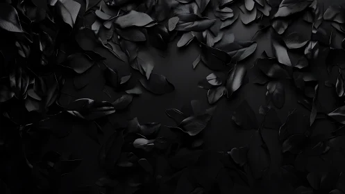 Monochrome black leaves scattered across dark surface.
