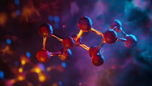 Vibrant 3D molecule structure with glowing abstract background.