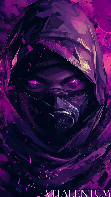 Hooded masked figure with violet eyes in abstract field.