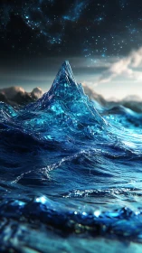 Celestial-lit crystalline wave peak rises under starfield sky