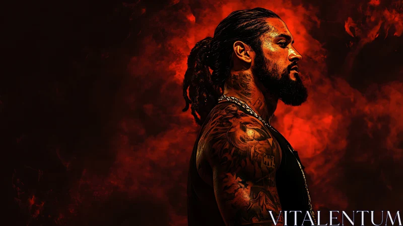 Tattooed male profile against red abstract digital backdrop.