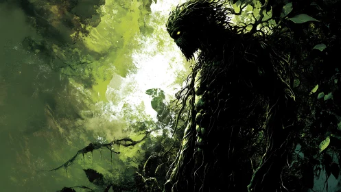 Humanoid plant entity in dense green forest environment.