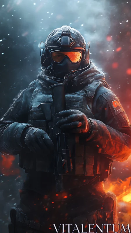 Armored tactical soldier with rifle in fiery combat scene.