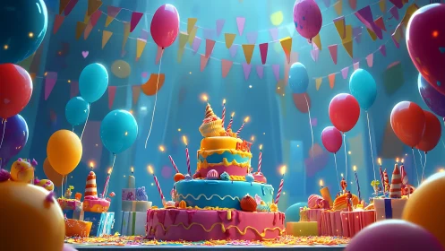 Multilayered Birthday Cake With Candles Surrounded by Balloons.