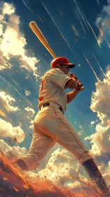 Baseball player holding bat against dynamic clouded sky.