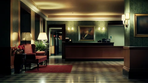 Dimly lit vintage hotel lobby shows quiet reception desk