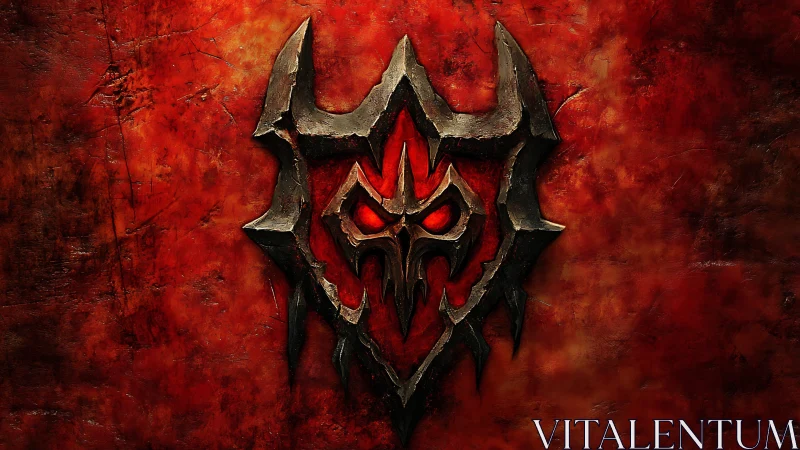 Demonic metal crest over burned red textured backdrop.
