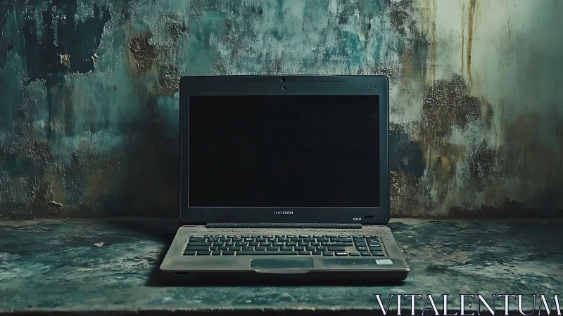 Weathered laptop centered against decayed textured wall.