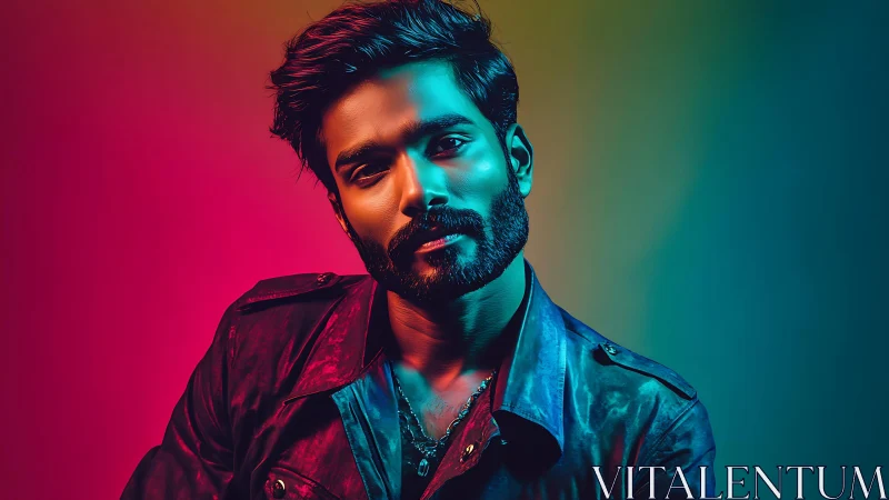 Neon-lit rebel in vivid gradient glow and cinematic shadow.