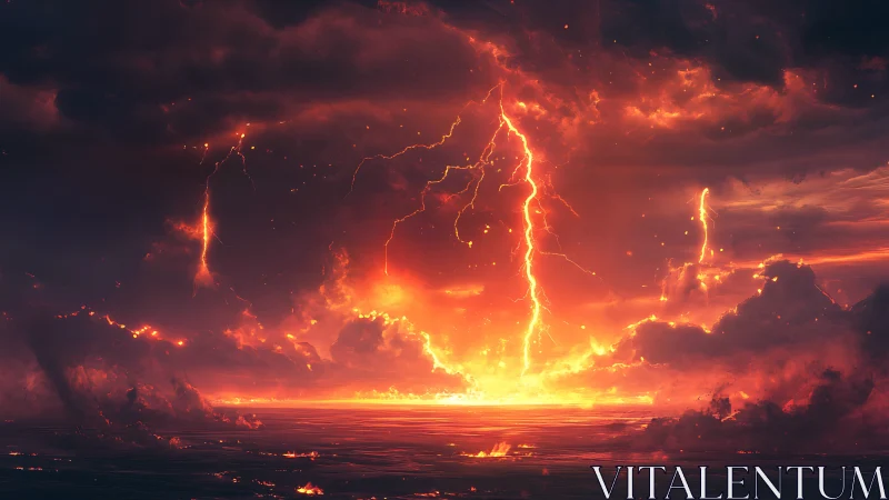 Fiery storm sky pours molten lightning over a glowing sea