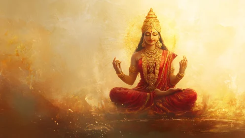 Radiant seated goddess in red sari amid luminous golden aura