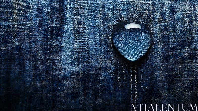 Heart-shaped water droplet resting on textured blue fabric.