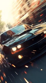 High-speed black muscle car in urban motion blur with sparks