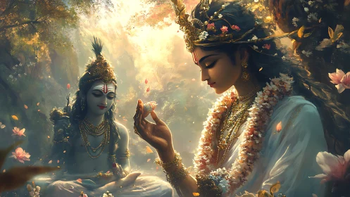 Divine couple share lotus moment in luminous forest grove