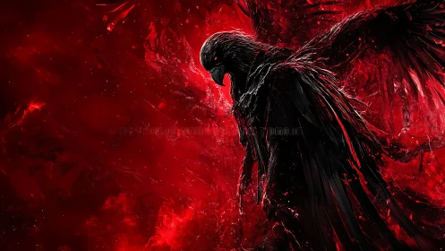 Aggressively rendered black raven silhouette dominates red void