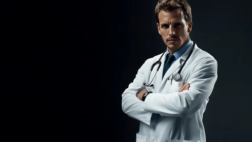 Male physician in white coat under high contrast studio lighting