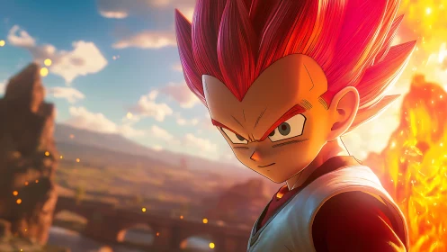 Red haired anime warrior stands before glowing fire aura.