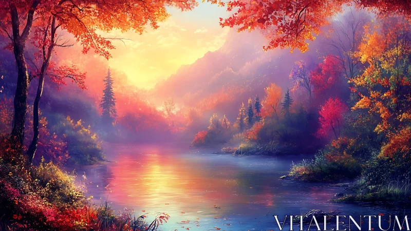 Gentle autumn river glows under a dreamy pastel sunrise