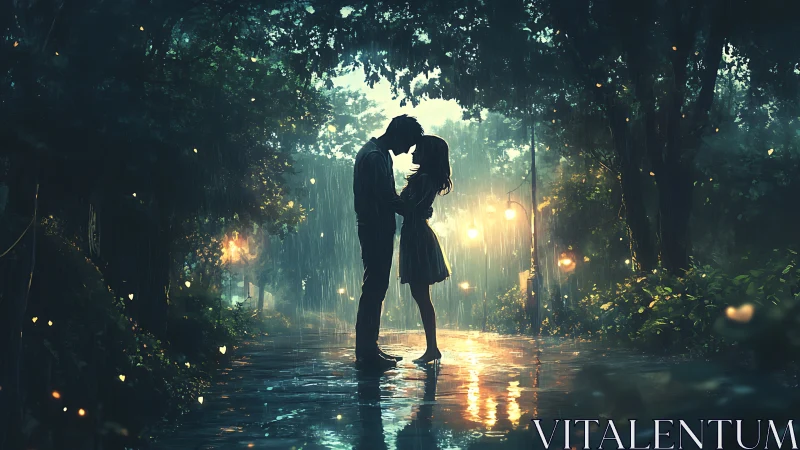 Silhouetted couple kissing in rain beneath tree canopy with ambient lighting