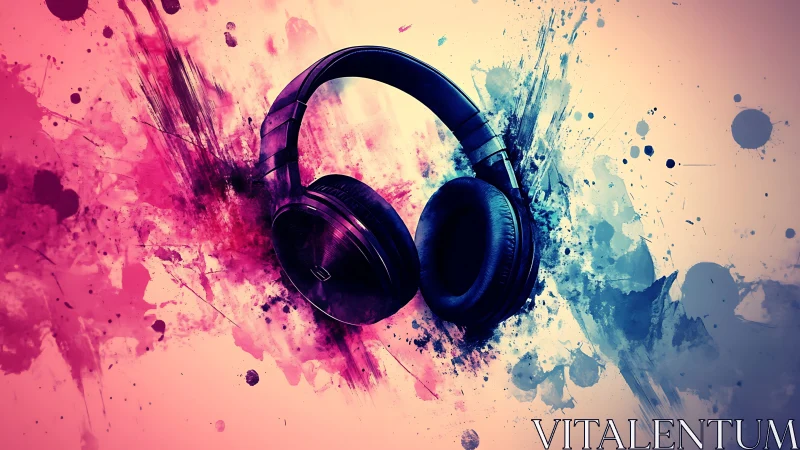 Headphones float in vivid splashes of pink and blue sound