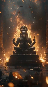 Ganesha idol in blazing temple interior with dramatic fire backlight.