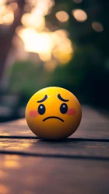 Sad emoji stress ball rests on wooden surface with shallow bokeh