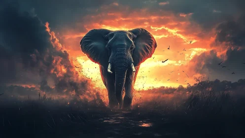 Elephant silhouette against dramatic orange sunset sky.