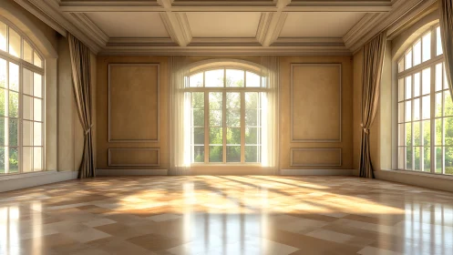 Neoclassical sunlit ballroom interior with coffered ceiling detail