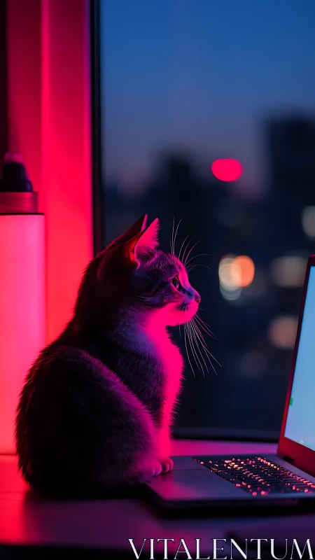 Cat watching laptop screen under pink neon window light.