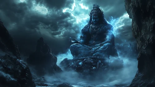 Celestial blue deity in meditative pose amid storm-lit rocks