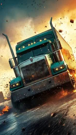 Green semi-truck on wet road with debris and fire effects.