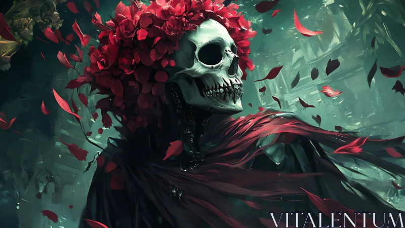 Skull figure with red floral crown stands amid drifting petals